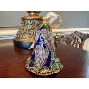 Vintage Cloisonne Christmas Bell Ornament with Floral Design Blue Gold